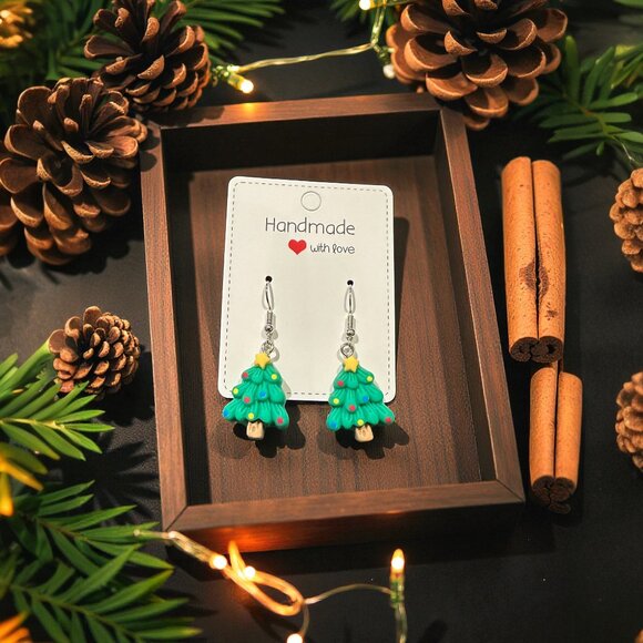 Handmade Christmas Tree Earrings | Polymer Clay Holiday Jewelry - Picture 3 of 7